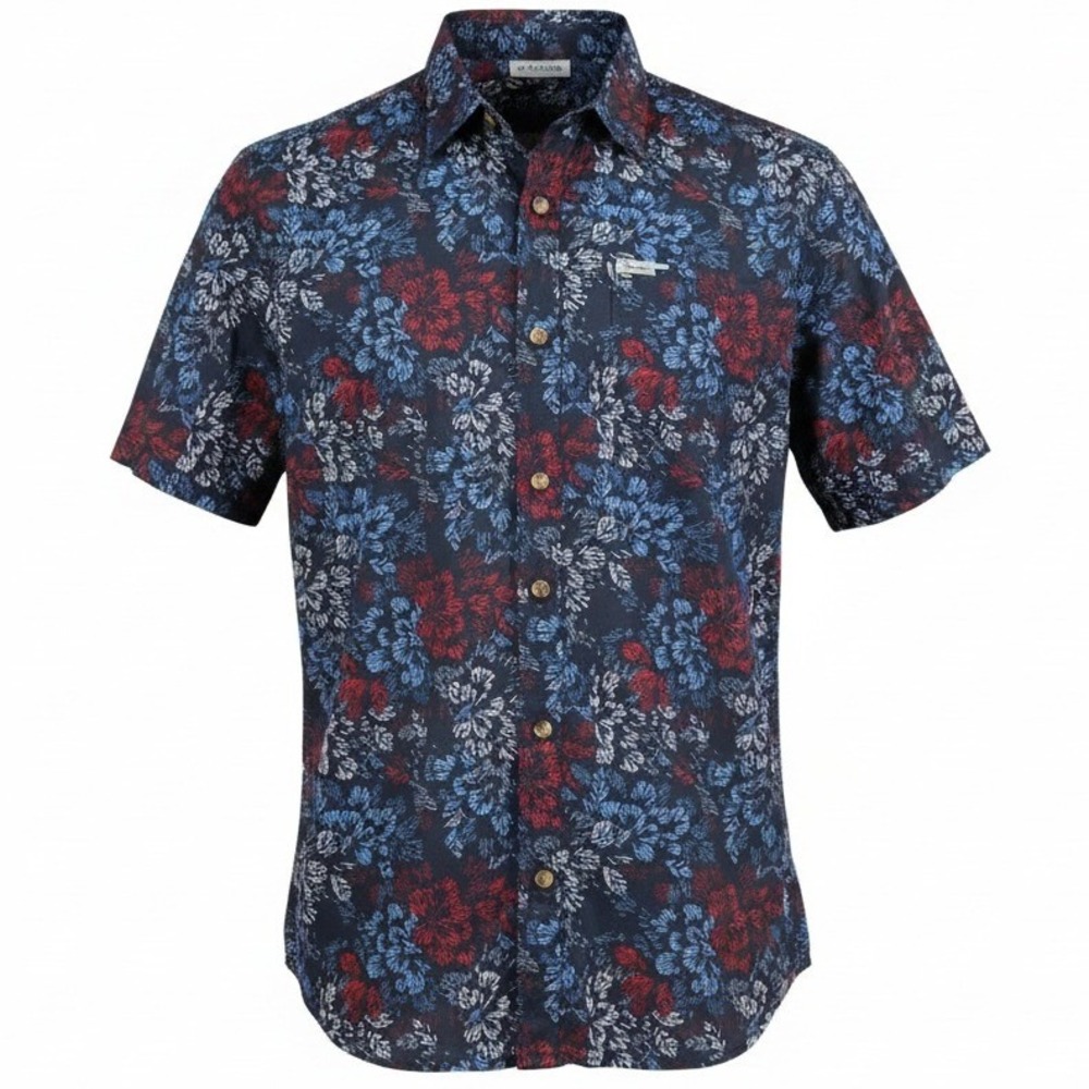 Columbia PFG Men's S‎ Floral Short Sleeve Button Down Fishing Shirt FM1039 Navy
